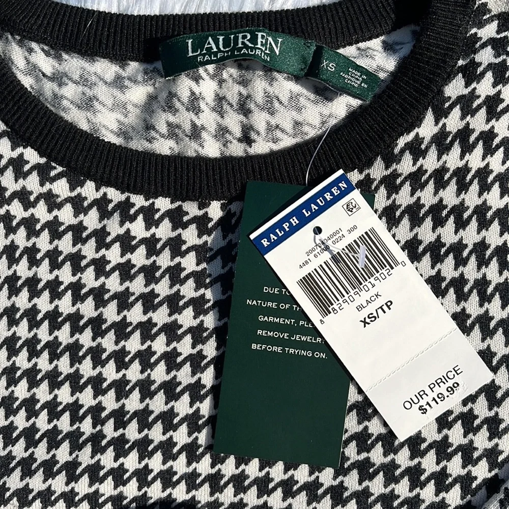Ralph Lauren Houndstooth Sweater LRL Black White Fine Knit Blouse Women's XS NWT - Picture 2 of 11